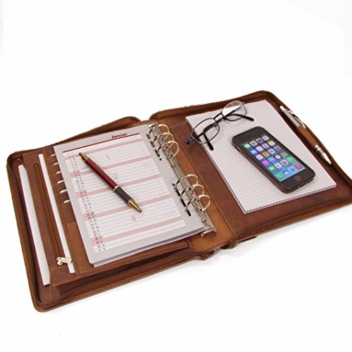 ALMADIH Leren organizer A5 met ringmechanisme, ritssluiting + kalender 2017, van rundleer, leren map, schrijfmap… - Image 4