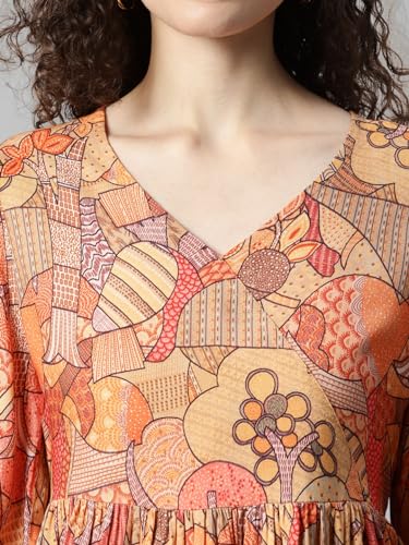 Image of DEEBACO Women's Abstract Print Rayon Top & Pants Co Ord Set for Women V Neck 3 /4 Puff Sleeve Ladies Party Casual Wear Fashionable for Girls Loose Fit Cord Set (Multicolor)