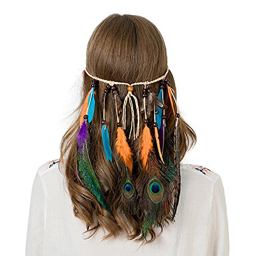 Femme Bandeau Cheveux Hippie Cavanal avec Plume Perle Gland Coiffure Cosplay (F68-multicolore) Cover