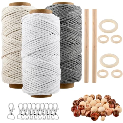 USENG 61Piezas Hilo de Macrame,3mm Hilo de Algodon,Hilo Macrame Kit Hilo de Macramé para Principiantes,Hilo para Macrame, Macramé Cuerda Natural para Tapices,Colgar Flores,Cortinas y Trabajos Varios