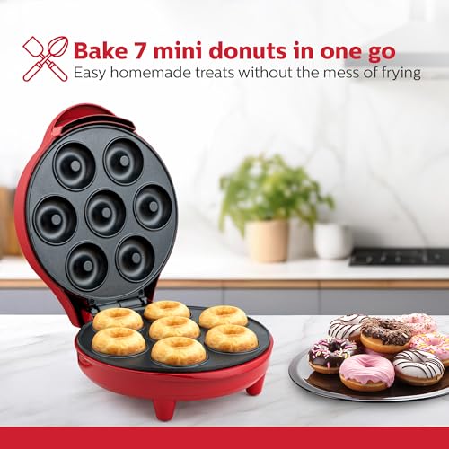 7-Count Mini Donut Maker – Makes 7 Donuts in Minutes, Non-Stick Plates, Compact Upright Storage, Easy to Use & Clean – Fun Baking Appliance for Kids, Adults, and Breakfast Treats