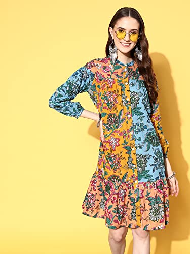 Image of Indo Era Women's Cotton Floral Printed Midi A-Line Ethnic Dress