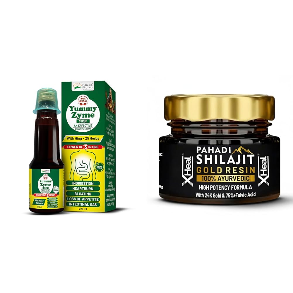 Healing Pharma Yummy Zyme Digestive Enzyme Syrup (225ml) – Sugar-Free Ayurvedic Formula with Hing | Healing Pharma - XHeal Pahadi Shilajit/Shilajeet Gold Resin 20g with Ashwagandha | 75% Fulvic Acid-image-47