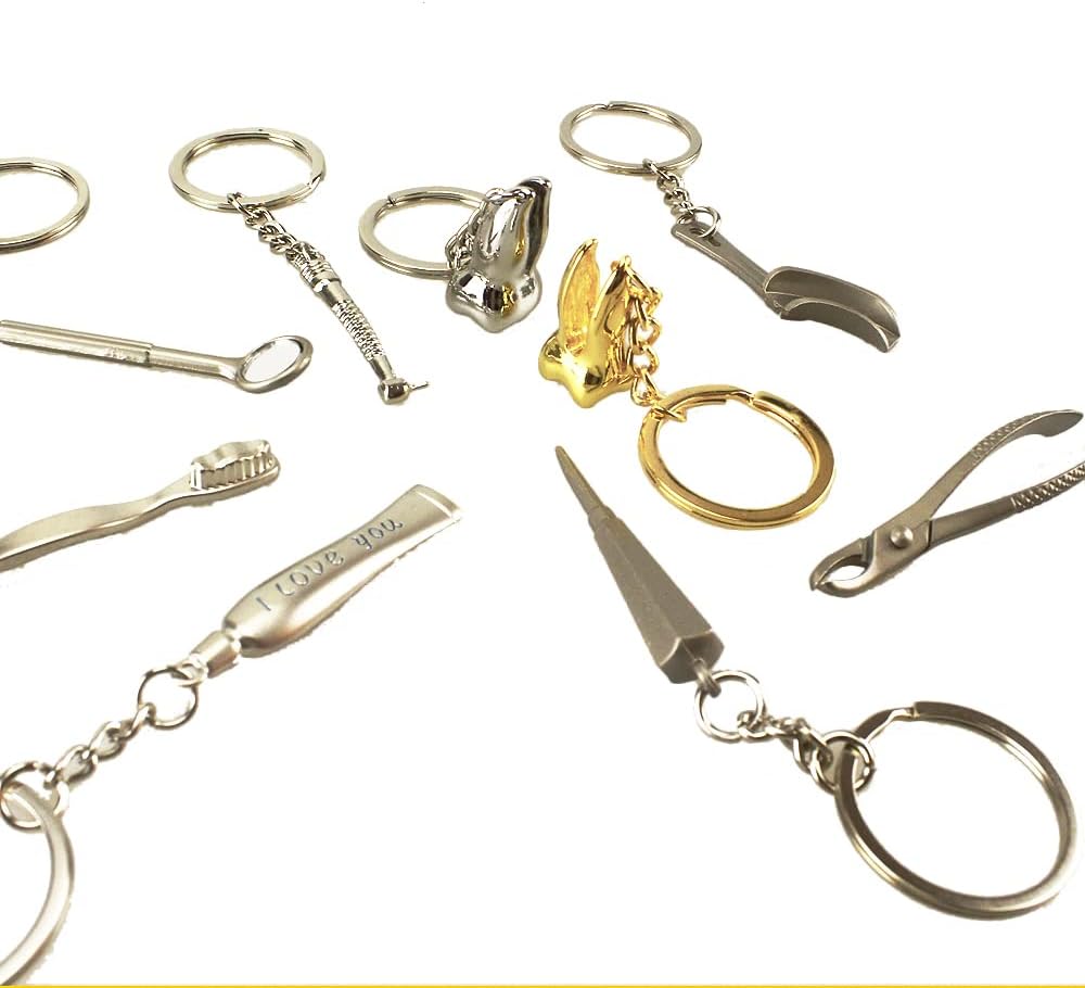 9pcs Mixed Keychains Dental Clinic Forcep Mirror Handpiece Tooth Impression Tray Tool Dental Gift