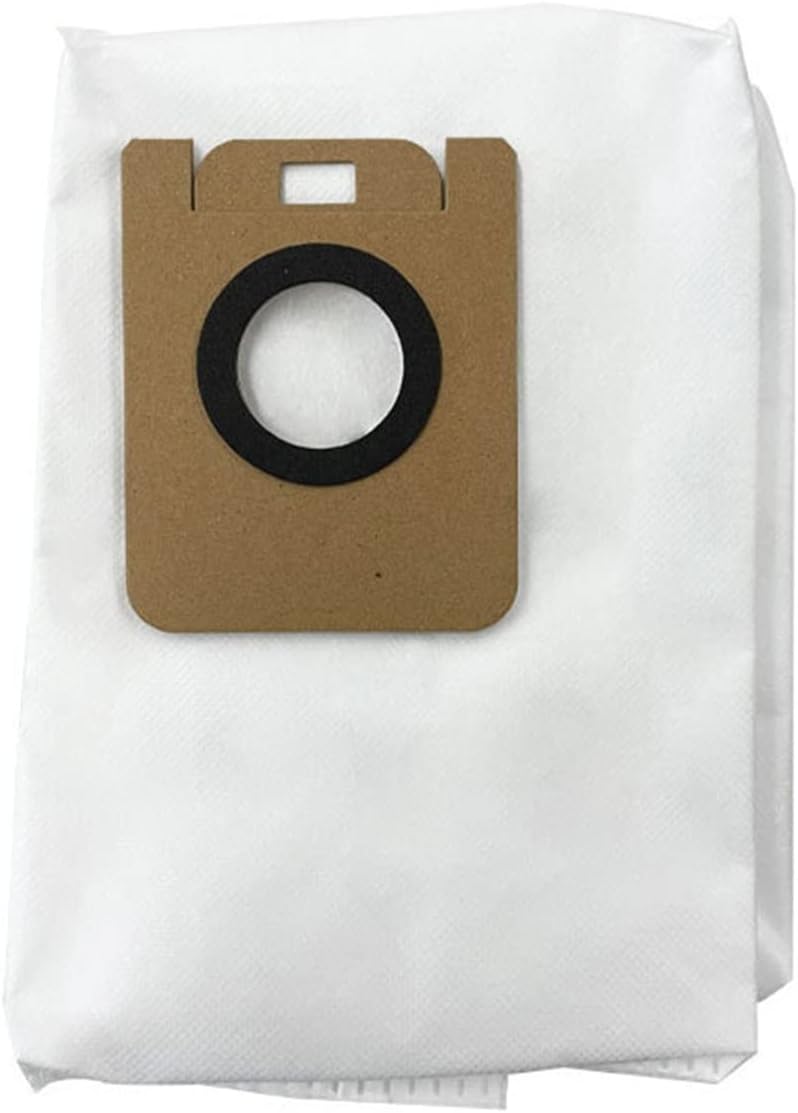 Close-up of a white dust bag with a brown cardboard collar for the Xiaomi Dreame Bot L10 Plus / Z10 Pro robot vacuum's auto-empty station.