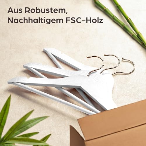 Praknu 20 Kleiderbügel Holz Weiß - 360° Drehbarer Haken - Einkerbungen im Schulterbereich - Bügel mit Hosenstange - FSC Massivholz