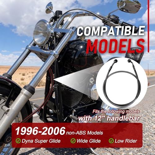 Image of 44.9 inch Total Length Dyna Front Brake Line Extended Hydraulic Hose Black Vinyl Steel Braided for 1996-2006 Dyna Super Glide /Wide Glide /Low Rider non-ABS Models 12 inch Ape Hangers