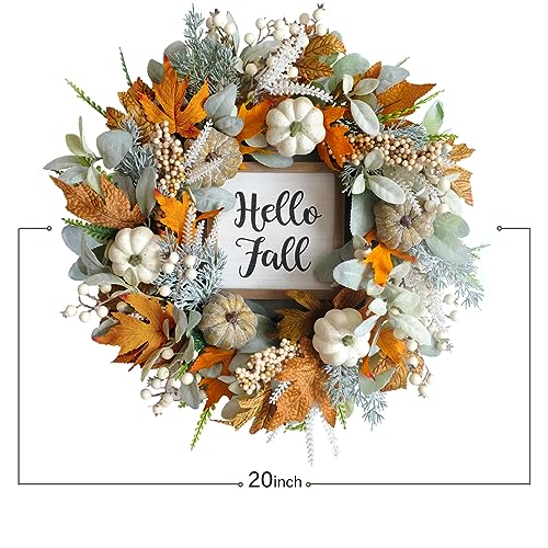 Image of 20inch Thanksgiving Fall Wreath, Eucalyptus Berries Pumpkins Lamb Ears Leaves Autumn Wreaths for Front Door, Fall Decor, Porch Wall, Home Outdoor Holiday Decorations Wreath for Autumn