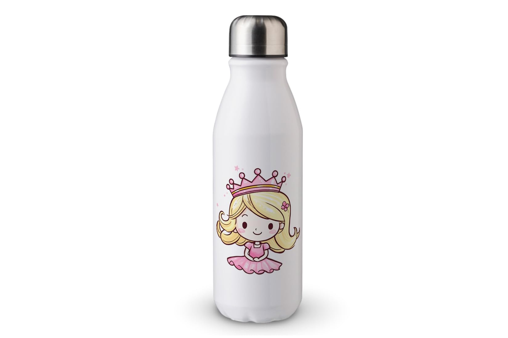 MAXIKIWI - Single Wall Water Drinking Bottle with Screw Cap, Non Insulated Lightweight Aluminium, BPA Free, Leak-Proof - Cute Princess With Tiara - 500ml