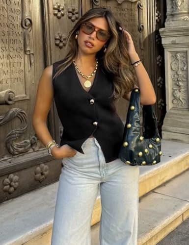 Wyeysyt Womens Vest Top Cropped Sleeveless Knit Vest Gold Button Down V Neck Vest Casual Plain Summer Waistcoat Cardigan2