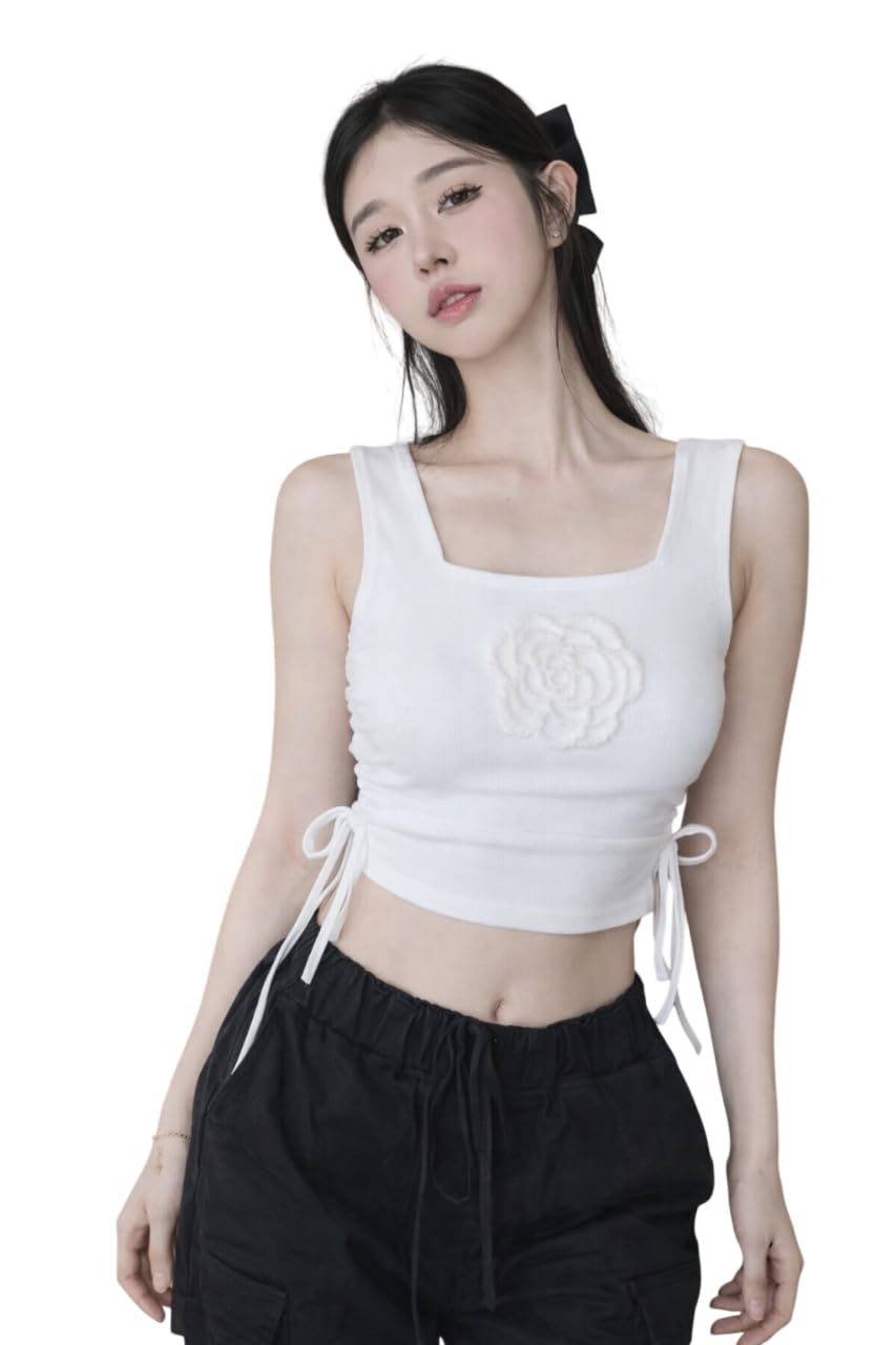 mystify Women's Crop Top, Square Neck, Sleeveless, Side Tie Detail, Flower Applique, One Size-picture-31