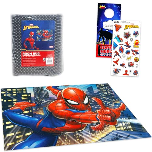 Spiderman Rug for Kids Room Set - Bundle with 48x72in Area Carpet for Bedroom Room Decor Plus Stickers and More | Spiderman Rug for Bedroom