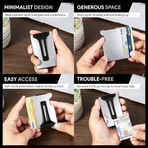 Image of Minimalist Wallet for Men, Slim Metal RFID Blocking Wallet Credit Card Holder Money Clip & Cash Strap, Scratch-Resistant Holds 15 Cards,Ideal Gift for Men | Matte Silver
