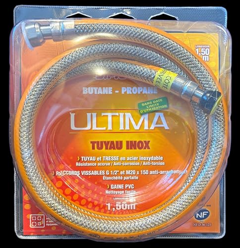 DIPRA - Flexible Gaz Inox Butane Propane 1M - Raccords G 1/2 et M20x150 - Tresse Inox - Gaine PVC - Cértifié NF