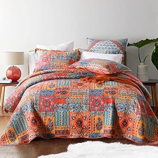 Qucover Super King Quilted Bedspreads Soft Cotton Microfiber Patchwork Quilt Bedspreads Super King Size 250x270 cm, Flower Pattern Mixed Orange Blue Colors Bed Throws for Bedroom Decor