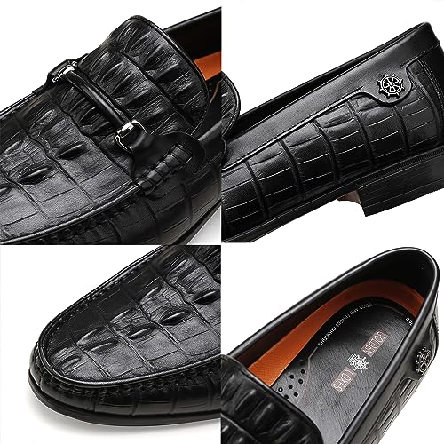 Black Leather Dress Shoes for Mens, Premium Crocodile Printed Formal Shoes Driving Casual Slip-on Loafer for Men, 8.54