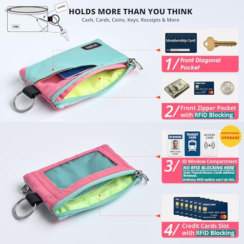 Image of RFID Blocking Travel Wallet with Adjustable Lanyard, Small Nylon Zipper Pouch and Badge Holder for ID, Credit Cards, Cash, Keys, Commuters (Mint Aqua+Pink)
