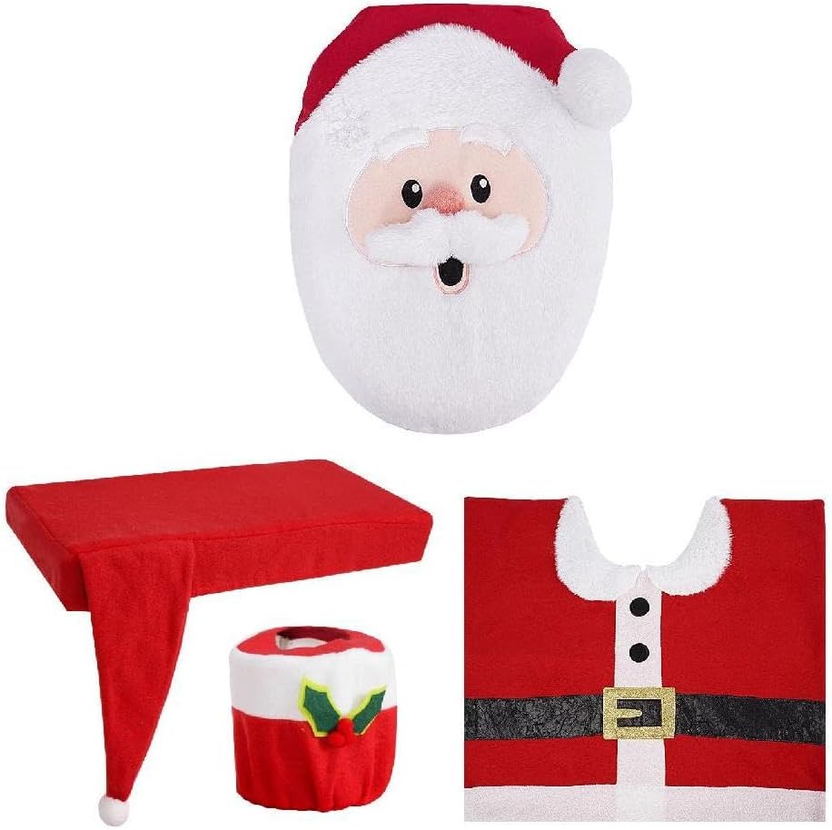 4Pcs Christmas Theme Bathroom Decoration Set W/Toilet Seat Cover Rugs Tank Cover Toilet Paper Box Cover for Toilet Cover