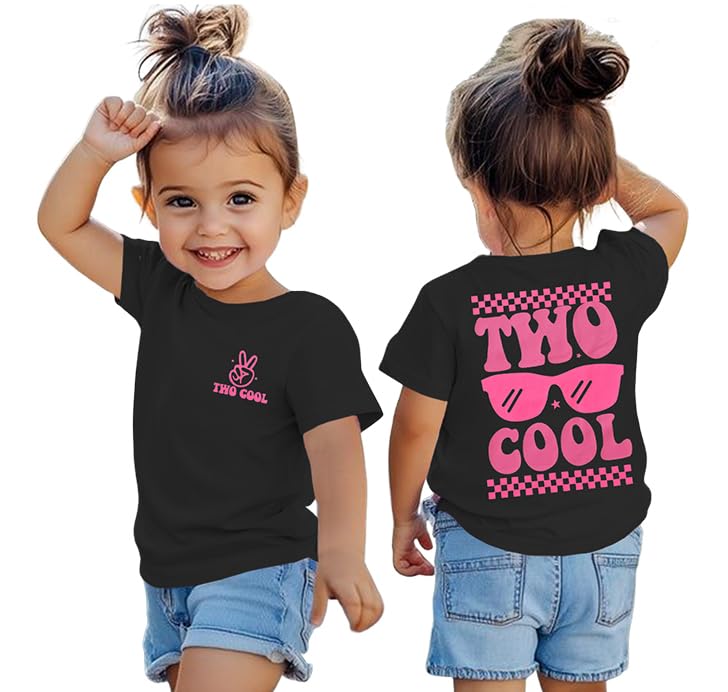 Image of GLIGLITTR 2nd Birthday Shirt Girl Two Cool 2 Year Old Outfit Girl Second Birthday Tshirt Bday Party Gift Short Sleeve Tee Top