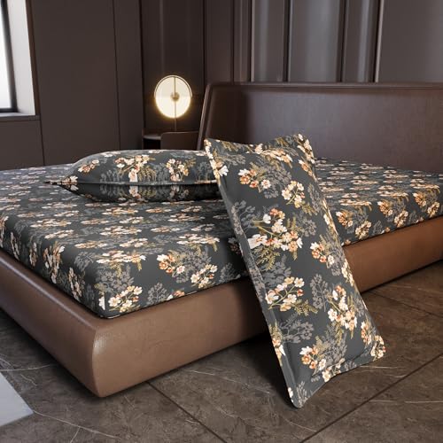 Image of Divine Casa 144 TC Cotton King Size Bedsheet with 2 Pillow Covers | Soft Comfortable Bedsheet for King Size Bed | Breathable Printed Bedding Set | 270 x 270 cm (Graphite Shade, Floral)
