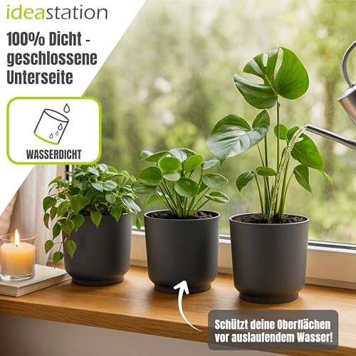 idea-station Sati Blumentopf Set 3 x 13 cm - anthrazit - bruchsichere Blumentöpfe aus Plastik für verschiedenste Pflanzen, Blumen - Matte Übertöpfe für innen und außen