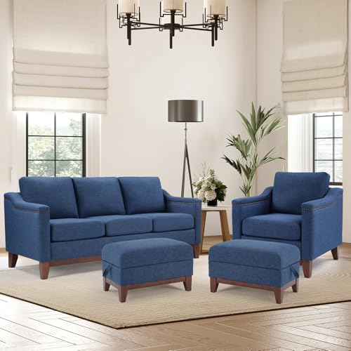 Image of HAOMARKETS 4 Piece Chenille Sofa Set with Nailhead Trim, Included Single Accent Chair, 3-Seater Sofa Couches with Thicked Cushion and 2 Storage Ottoman with Flip-Top Table for Living Room, Blue