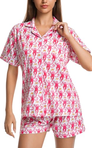 Image of Womens Pajamas Set Shorts Button Down 2 Piece Monkey Bunny Y2k Roller Dupes Rabbit Preppy Lounge Pjs Comfy Sleep Wear