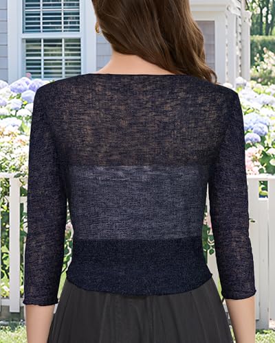 Image of Women Crop Cardigan Sheer Mesh Bolero Shrug for Dress Tie Front 3 /4 Sleeve Tops