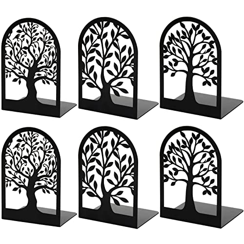 HappyHapi Book Ends, Metal Bookends for Shelves Decorative, Tree Stopper for Heavy Books, Black Ends to Hold Books for Home Office, 6.5 X 4.7 X 3.5 Inch(3 Pairs/6 Pcs, Large)