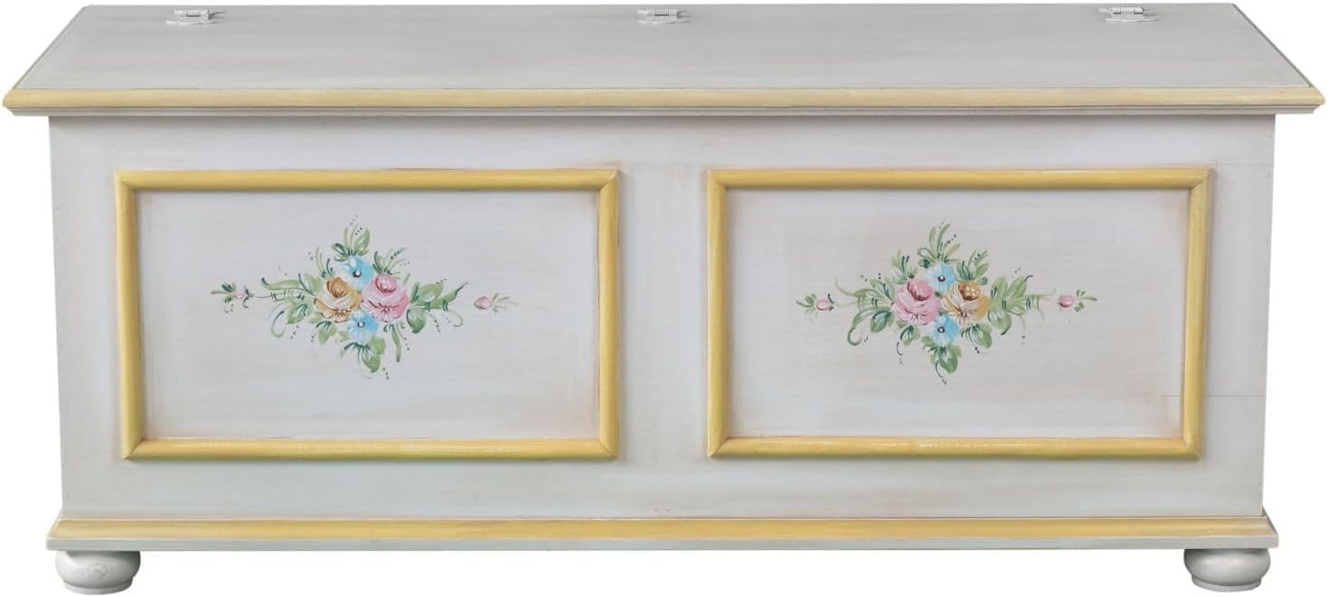 Vicentini arreda CASSAPANCA IN LEGNO SHABBY CHIC MOD CIPOLLA BIANCO DECORATO FILO GIALLO (L 120 P 42 H 50)