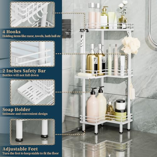 Image of Consumest Corner Shower Caddy Standing - 3-Tier Stainless Steel Shower Organizer with Soap Holder and 4 Hooks, Large Capacity Corner Shelf Stand for Bathroom, Rest Room, White