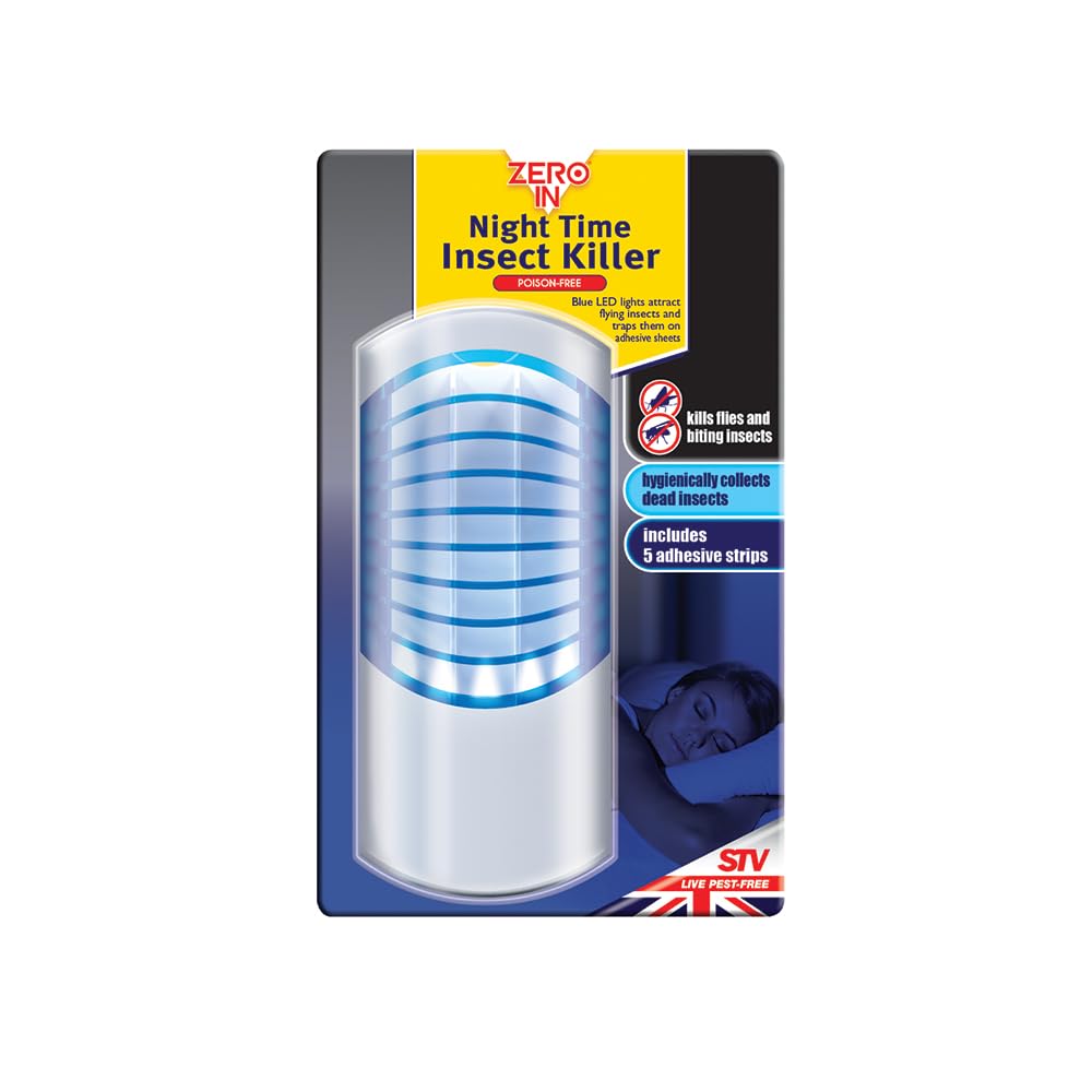 Night Time Insect Killer Kills Flies, Moths, and Midges Hygienic Disposal Poison-Free UV LED lamp Includes 5 Adhesive Sheets