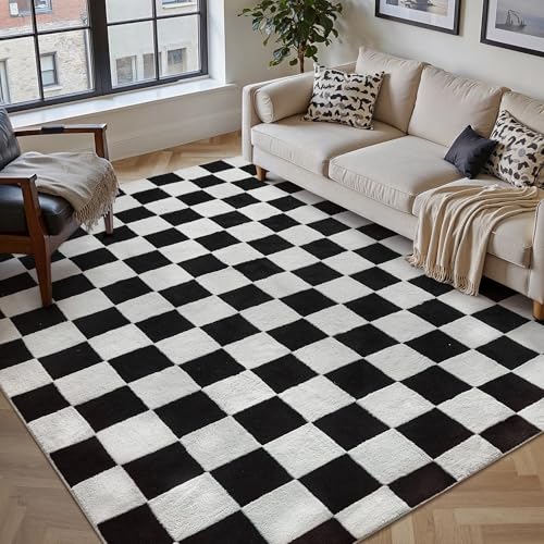 PureCozy Alfombra Salon 160x230cm Negro Blanco Alfombras de Habitacion Antideslizante Lavables Lavadora Pelo Corto Carpet Salón Dormitorio Comedor Grande Tapete Moderno Cuadros Rug