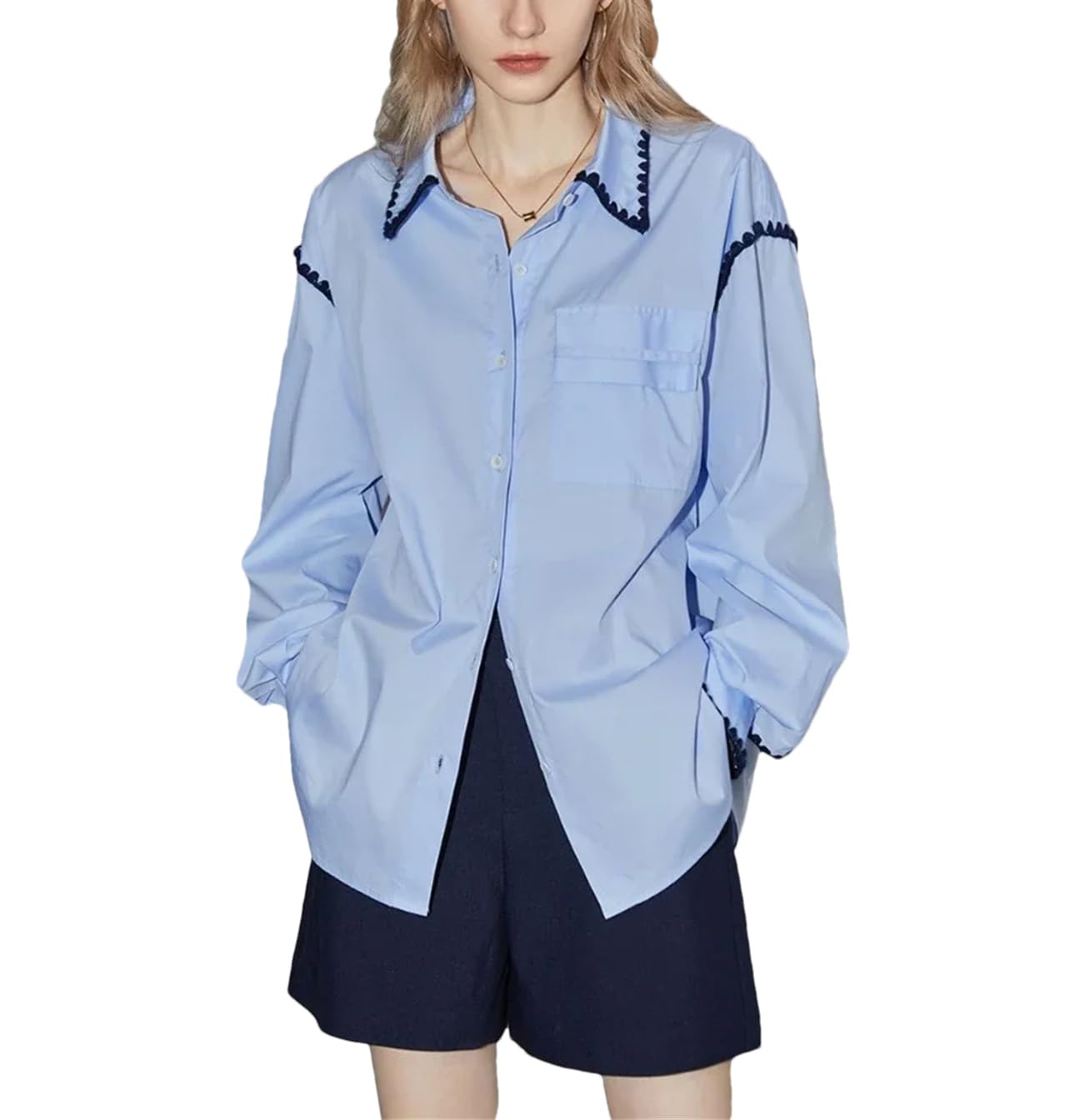 Chemisier ample à manches longues élégant pour femme - Col à revers tissé - Style décontracté