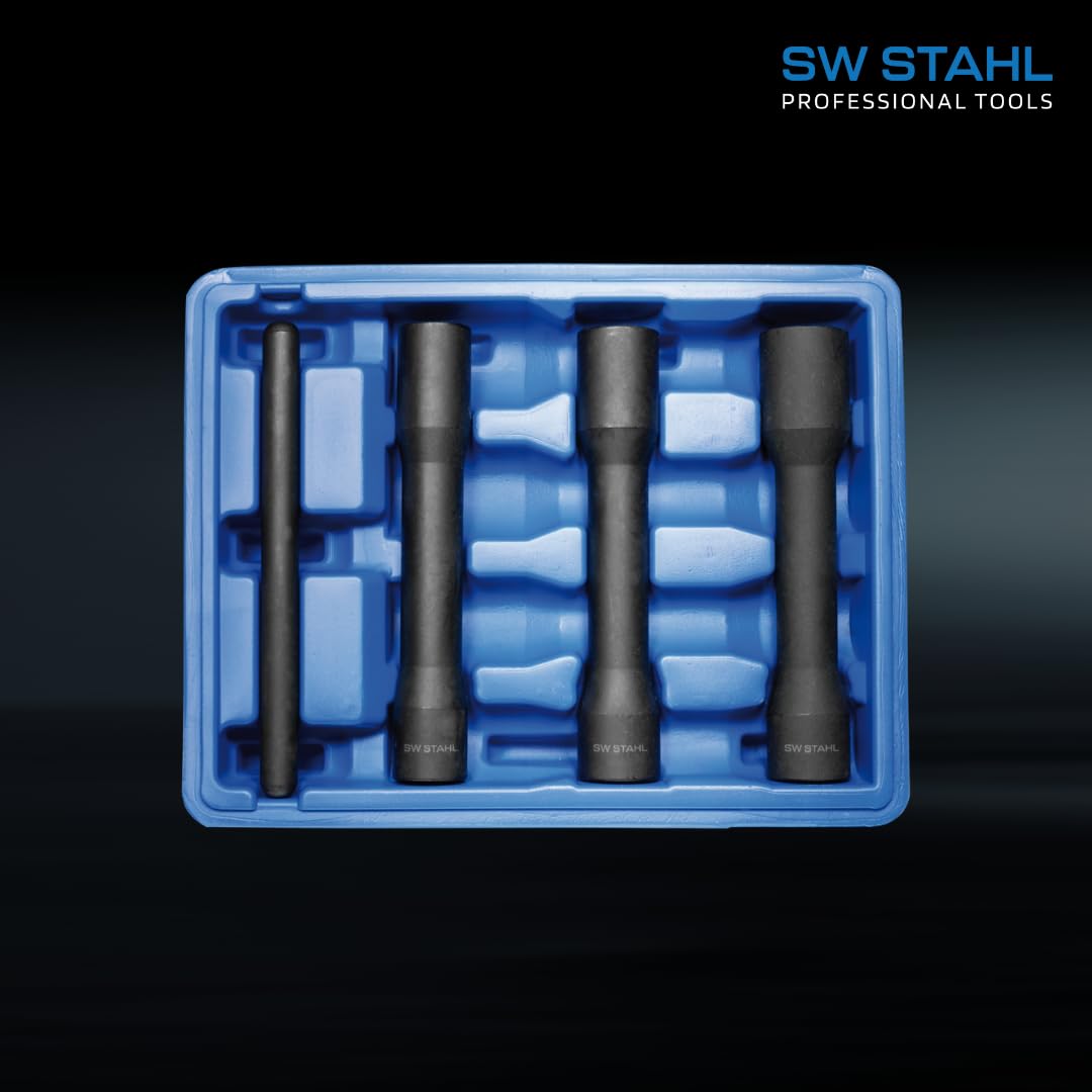 SW-Stahl 07890L Steckschlüsseleinsätze für Radschrauben, 1/2 Zoll, 4-teilig | Schlagschrauber Nüsse Set 17, 19, 21 mm mit Ausschlagbolzen, 150 mm Kraftnüsse für Alufelgen und Radwechsel am Auto