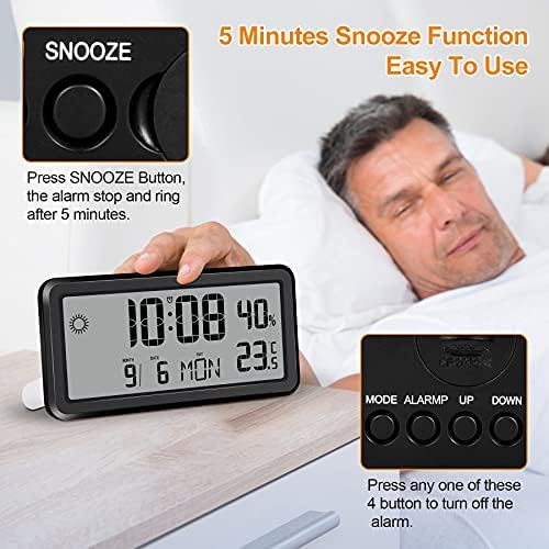 U-picks Slim Alarm Clock 5.6" LCD Display ,Digital Wall Clock Desk Clocks Battery Operated with weather ,day of week, Snooze, Temperature Humidity, 12/24Hr, Small clock for Bedroom Travel Black