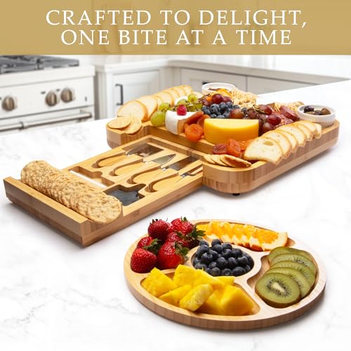 Image of Zulay Kitchen Premium Bamboo Charcuterie Board - Extra Thick Bamboo Board with 4 Piece Knife Set - Perfect for Charcuterie, Wine and Cheese