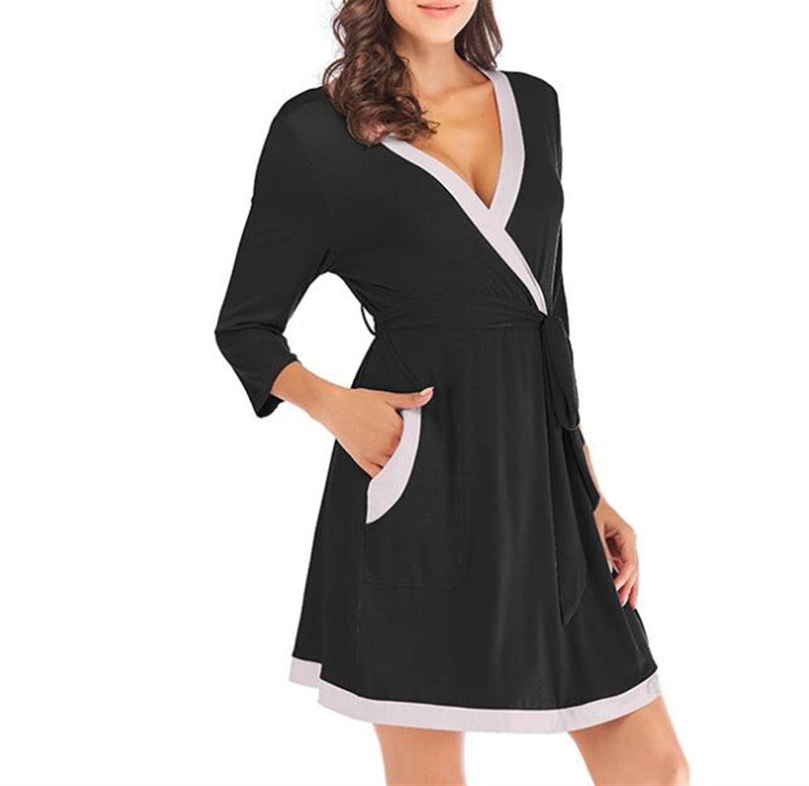 Bawełniana koszula nocna damska jesienna odzież domowa z rękawami siedem czwartych patchworkowa koszula nocna na co dzień piżama bielizna nocna (czarna 2XL)