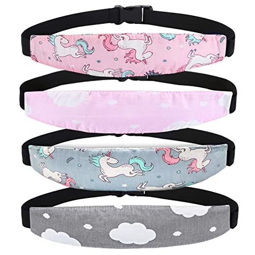 Image of 4 Pieces Baby Head Support for Car,ZWZCYZ Cute Pattern Car Seat Head Holder for Toddler Stroller Seat Sleeping Headrest Band with Adjustable Buckle Universal Kids Car Accessories (Pink+Grey)