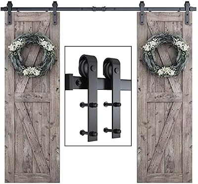 SMARTSTANDARD 7 FT Double Barn Door Hardware Kit, Sliding Door Track-Smoothly and Quietly -includes Detailed Installation Fit 21" Wide Doorpanel (J Shape Hanger) Black
