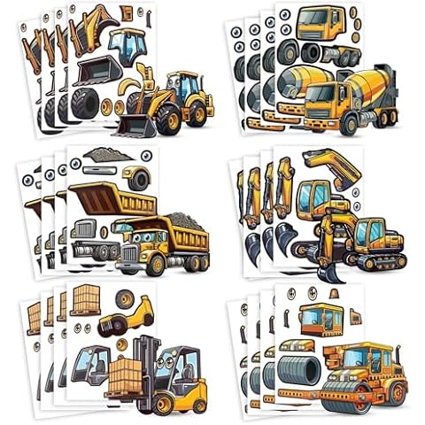 24 Make A Construction Truck Stickers for Kids - Create Your Own Escavator, Dump Truck, Cement Mixer, Roller, Front Loader, & Fork Lift - Easy to Use, No Mess Truck Sticker Sheets - Great Party Favor Cover