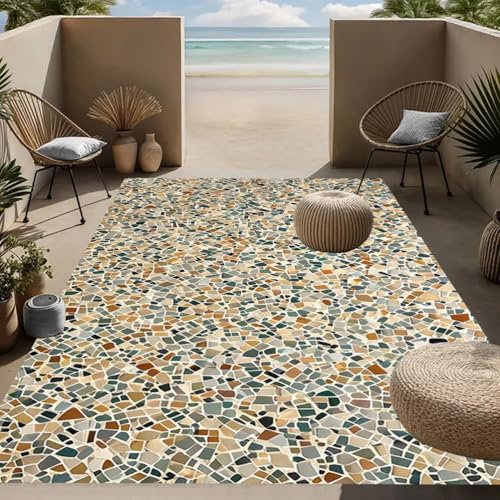 Vintage Abstract Colorful Gravel Splicing Texture Outdoor Rugs for Patios Balcony Deck Garden Camping Backyard Pool Non Slip Thin Waterproof Quick Dry Comfort Terrazzo Floor Art Deco Carpet 2x3