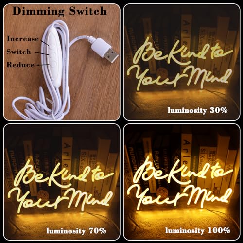 Image of Be kind to Your Mind Neon LED Sign Hippie Letters Reusable Neon Lights for Wall Art Decor, Encouragement Gifts, Health Quote Lamp Light up Bedroom, Office, Home,Study, Reception Room