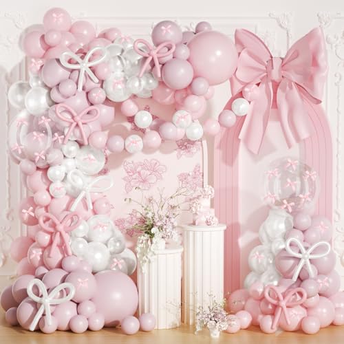 Image of Pink and White Bow Balloon Arch Kit,JOGAMS 199Pcs Coquette Birthday Decorations with 260 Bubble Pearl White Balloons Ribbon Bow for Coquette Bow Birthday Baby Shower Wedding Bachelorette Bridal Shower