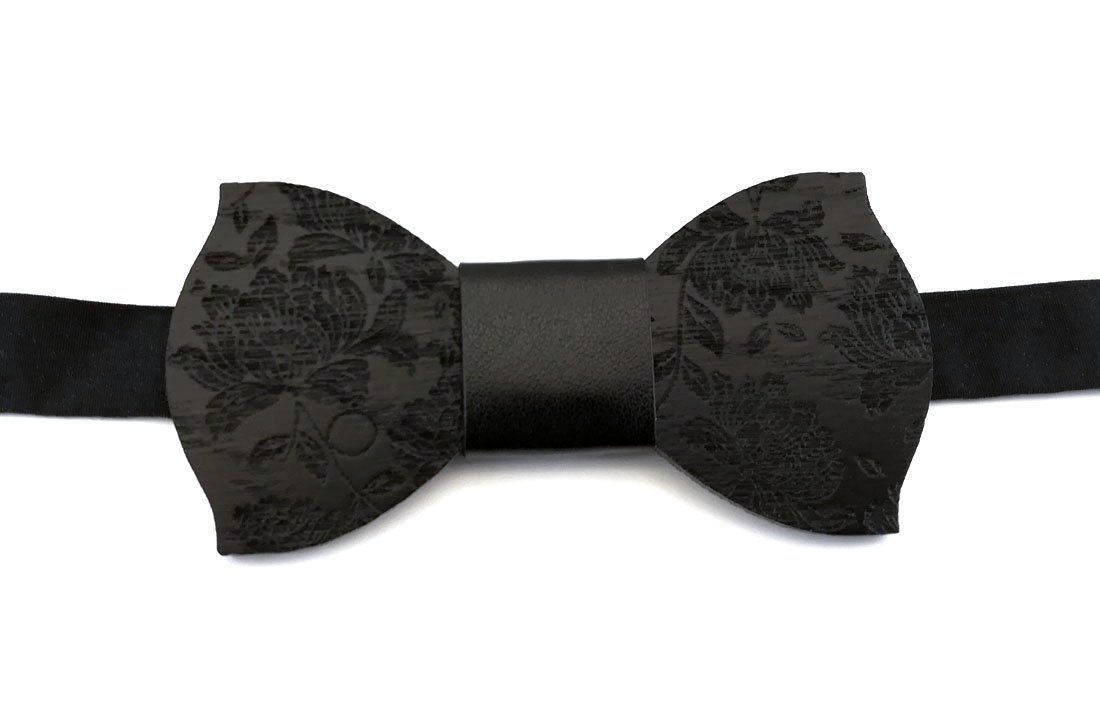 GIGETTO Papillon in legno fatto a mano, nero con nodo in ecopelle nero. Farfallino artigianale. Cinturino regolabile. Limited Edition PATTERN