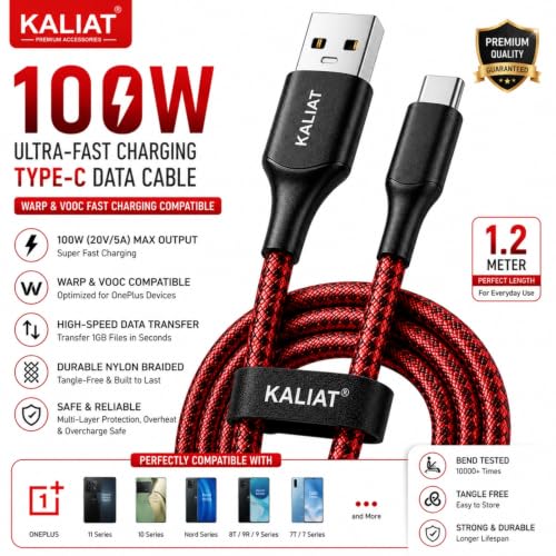 Image of Type C Cable Fast Charging | Warp /Dash Charge Compatible with All OnePlus & Type C Devices | USB A to Type C Cable | Fast Data Sync & Smart Protection Chip for Safe Power Control (RED -100W, Braided)