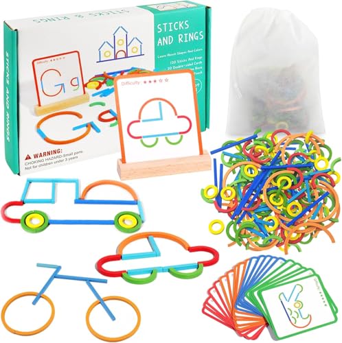 TaimeiMao Montessori Spielzeug ab 3 Jahre,120 Holz Sticks und Holz Ringe,20 Karten,Montessori Steckpuzzle Lernspielzeug Geschenkidee für Mädchen/Jungen,Form Farberkennung Kinderspielzeug ab 3+ Jahren