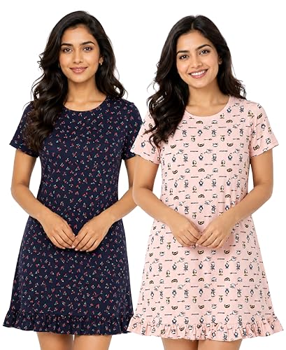 Image of Real Basics Women's Cotton Printed Knee Length Nightdress