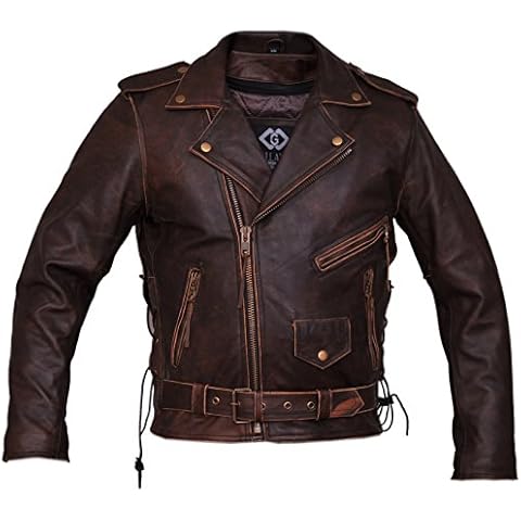 Classic Men’s Premium Brown Biker Motorcycle Leather Jacket (4XL) Cover
