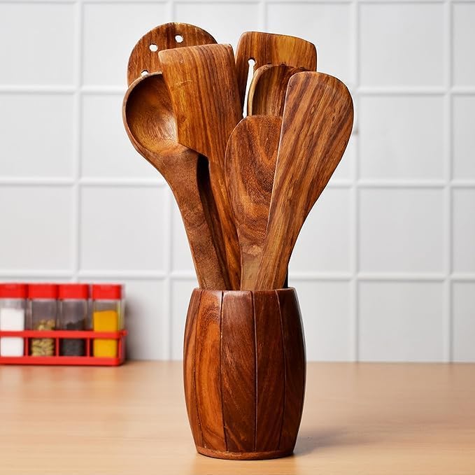 Image of Wooden Kitchen Utensil Set with Holder | 7 Piece Teak Wood Cooking Tools Set with Spoons & Spatulas | Non Stick Safe Kitchen Accessories for Cooking, Serving & Baking